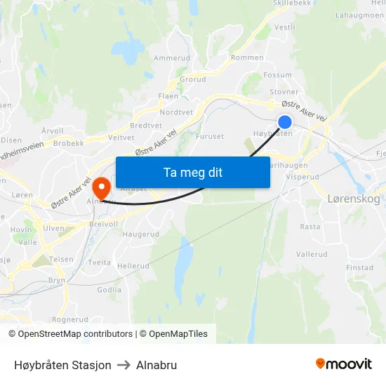 Høybråten Stasjon to Alnabru map