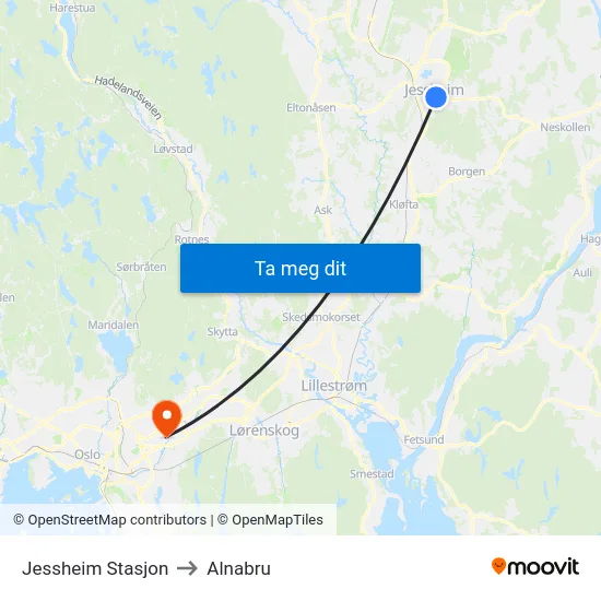 Jessheim Stasjon to Alnabru map