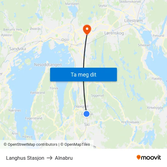 Langhus Stasjon to Alnabru map