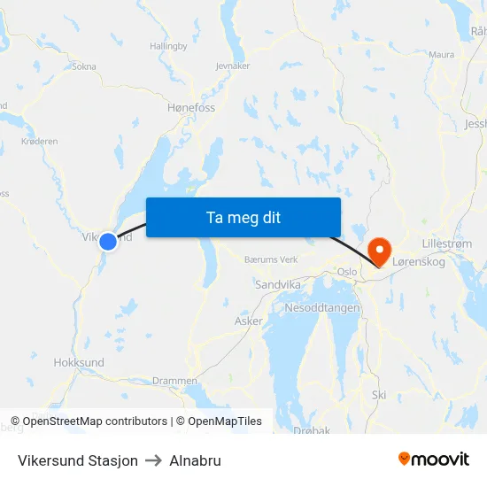 Vikersund Stasjon to Alnabru map