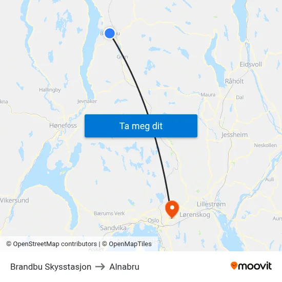 Brandbu Skysstasjon to Alnabru map