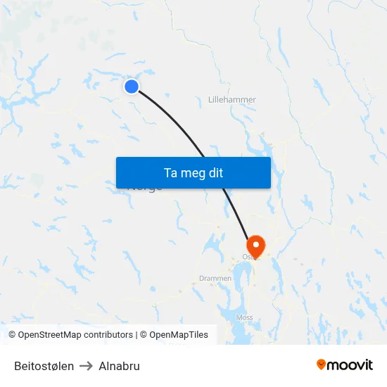 Beitostølen to Alnabru map