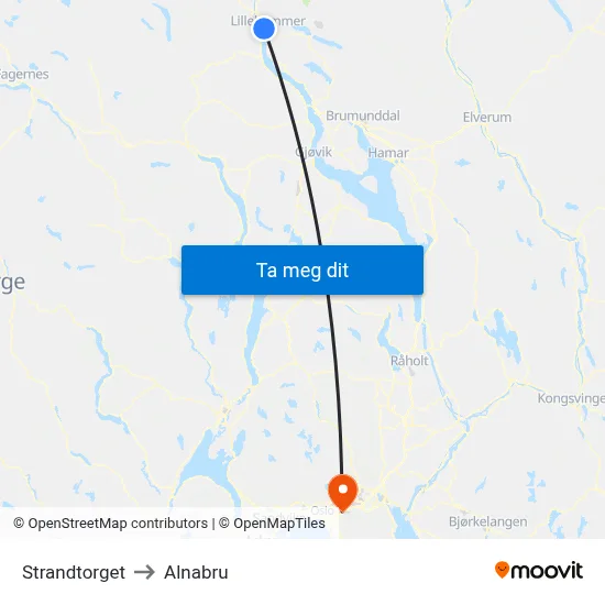 Strandtorget to Alnabru map