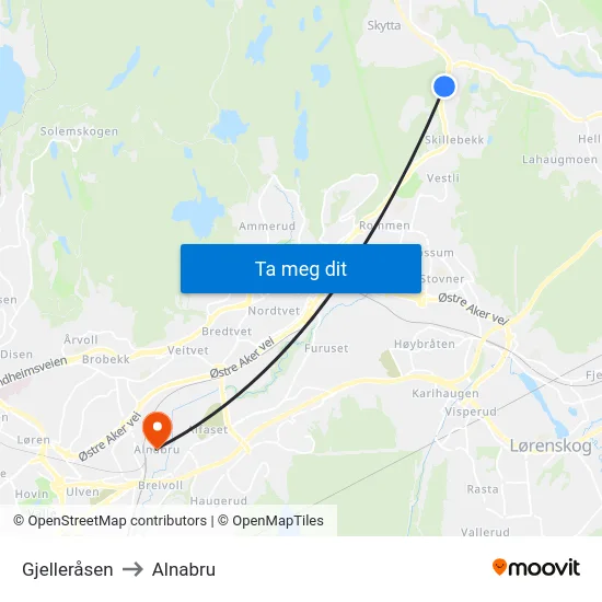Gjelleråsen to Alnabru map