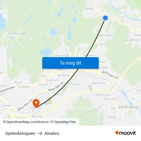 Gjelleråstoppen to Alnabru map
