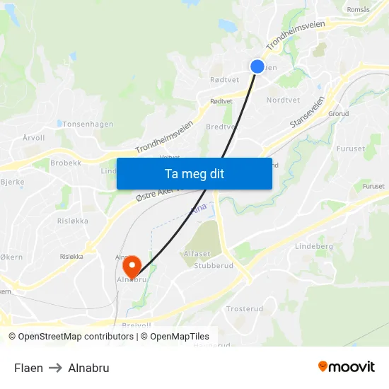 Flaen to Alnabru map