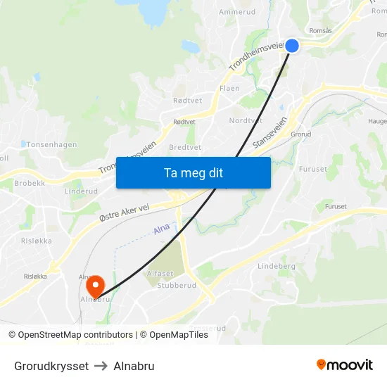 Grorudkrysset to Alnabru map