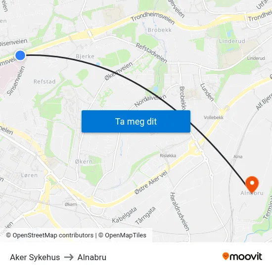 Aker Sykehus to Alnabru map