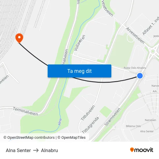 Alna Senter to Alnabru map