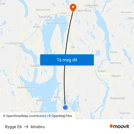 Rygge E6 to Alnabru map