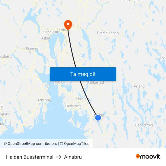 Halden Bussterminal to Alnabru map