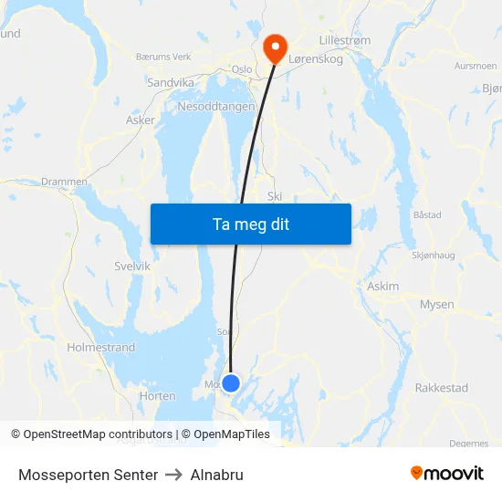 Mosseporten Senter to Alnabru map