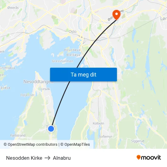 Nesodden Kirke to Alnabru map