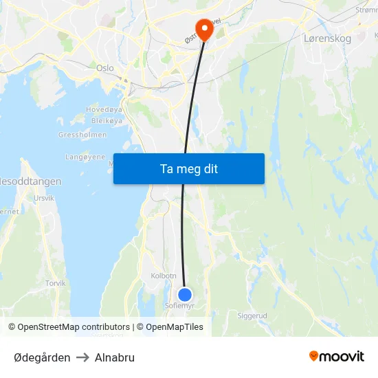 Ødegården to Alnabru map