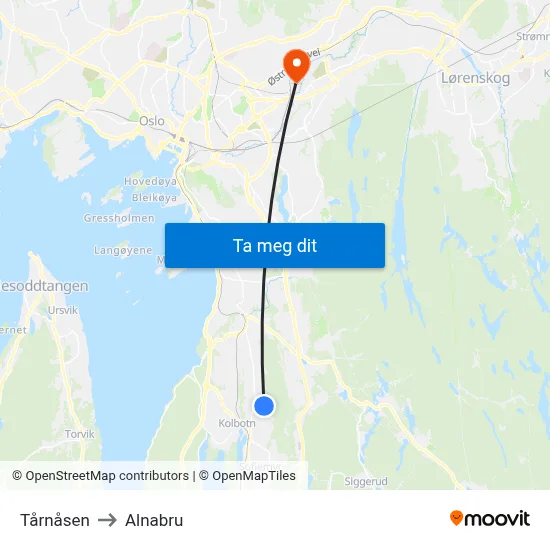 Tårnåsen to Alnabru map