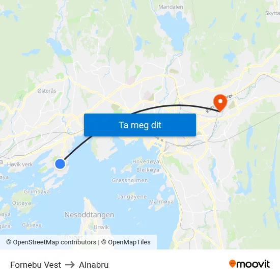 Fornebu Vest to Alnabru map