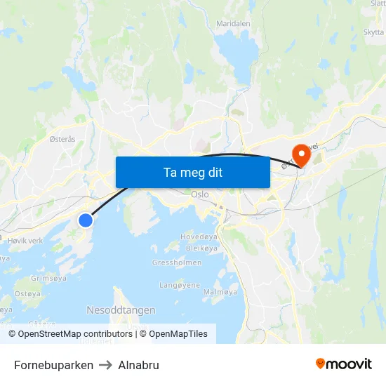 Fornebuparken to Alnabru map