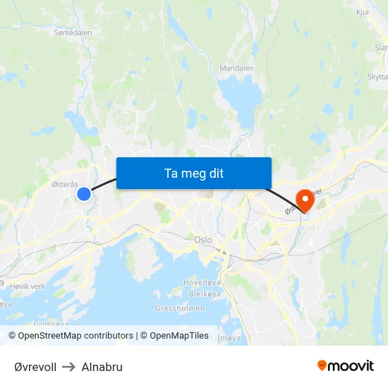 Øvrevoll to Alnabru map