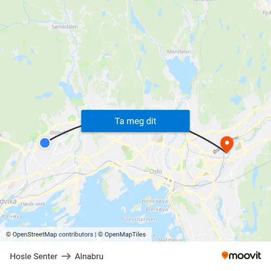 Hosle Senter to Alnabru map