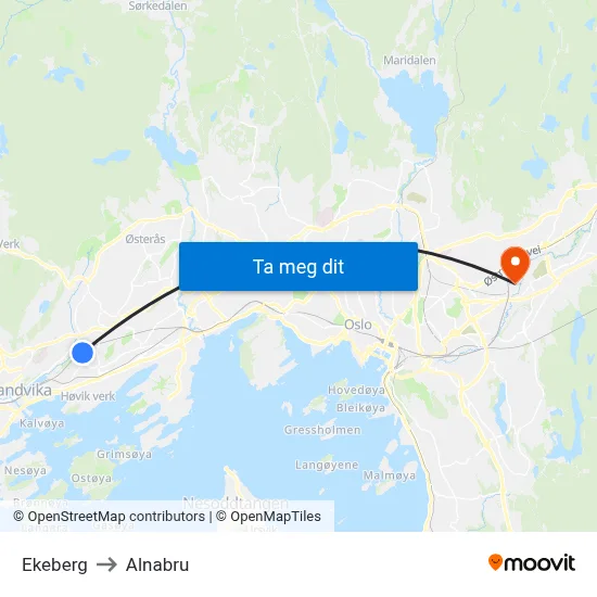 Ekeberg to Alnabru map