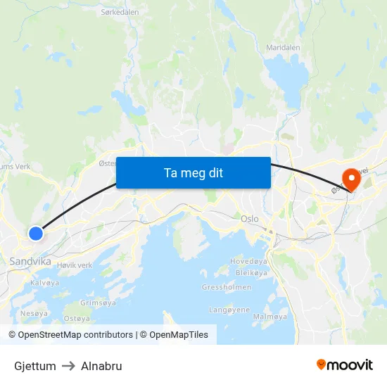 Gjettum to Alnabru map