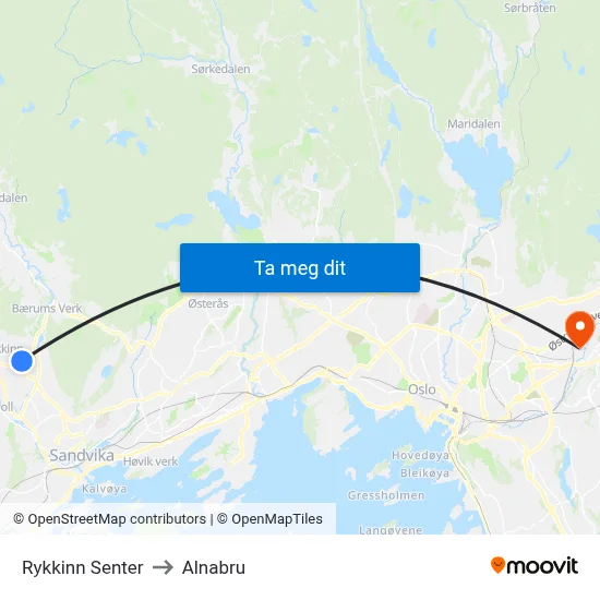 Rykkinn Senter to Alnabru map