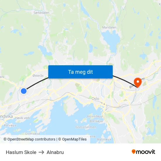 Haslum Skole to Alnabru map