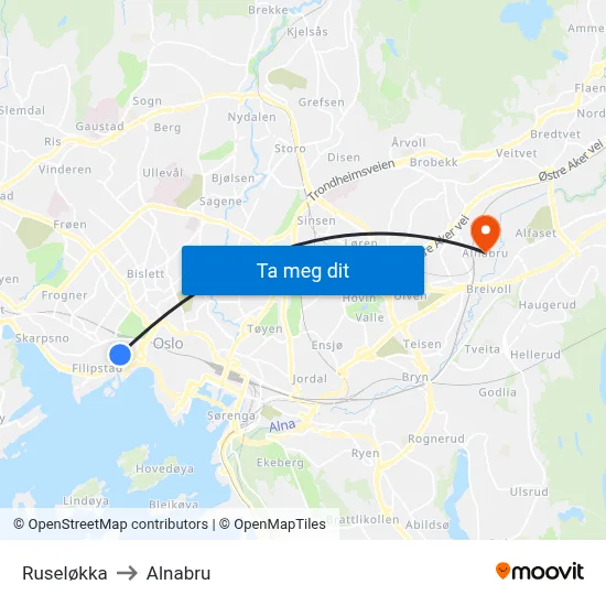 Ruseløkka to Alnabru map