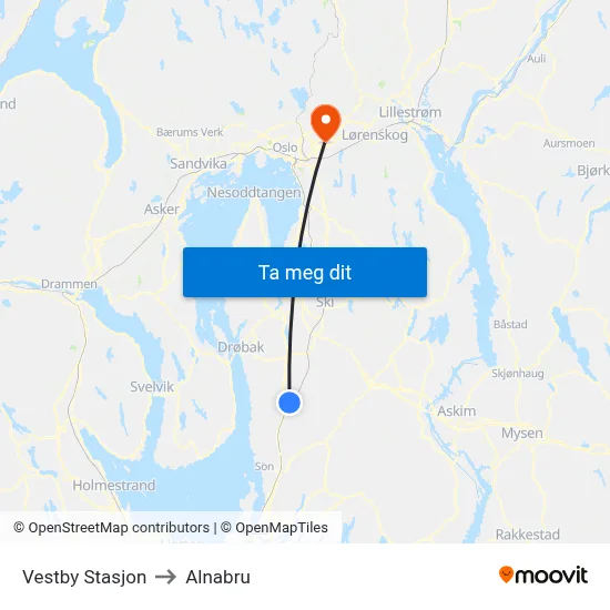 Vestby Stasjon to Alnabru map