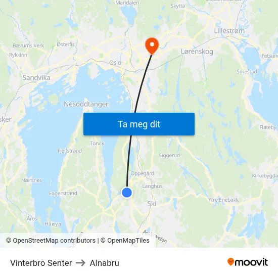 Vinterbro Senter to Alnabru map