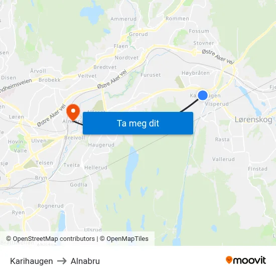 Karihaugen to Alnabru map