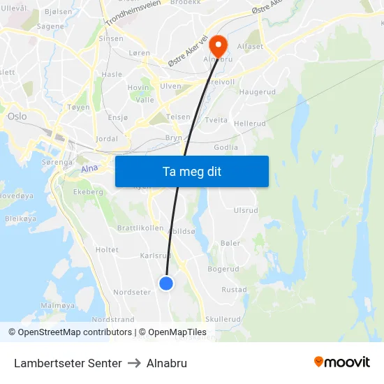 Lambertseter Senter to Alnabru map