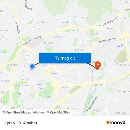 Løren to Alnabru map