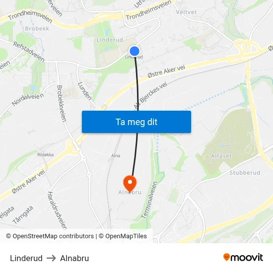 Linderud to Alnabru map