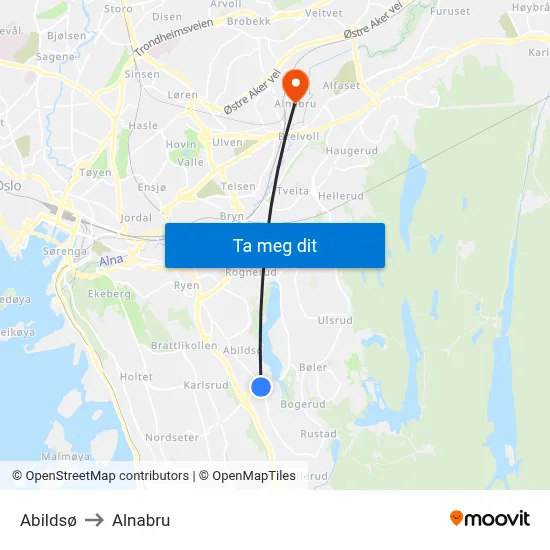 Abildsø to Alnabru map