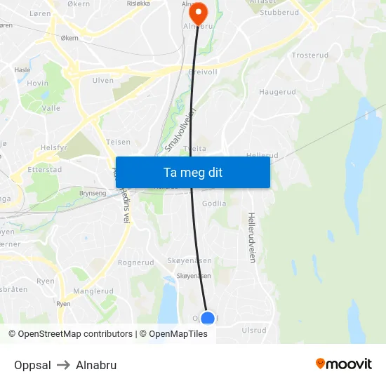 Oppsal to Alnabru map