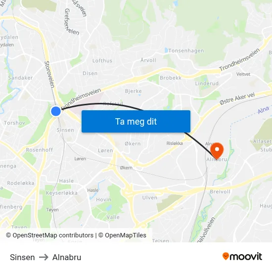 Sinsen to Alnabru map