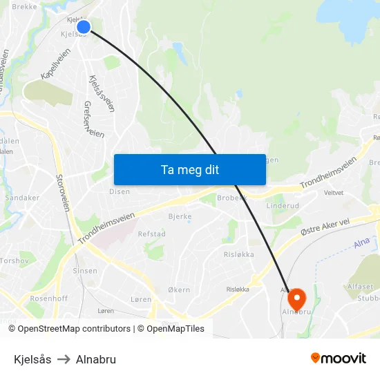 Kjelsås to Alnabru map