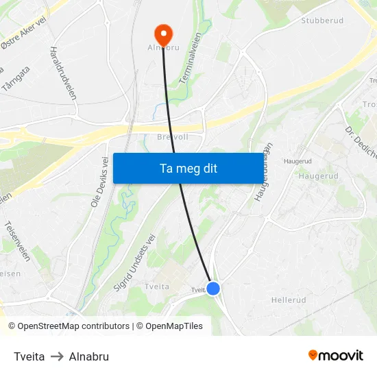 Tveita to Alnabru map