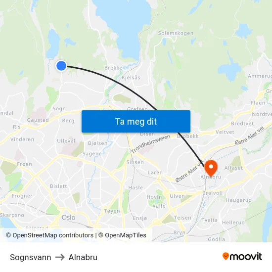 Sognsvann to Alnabru map