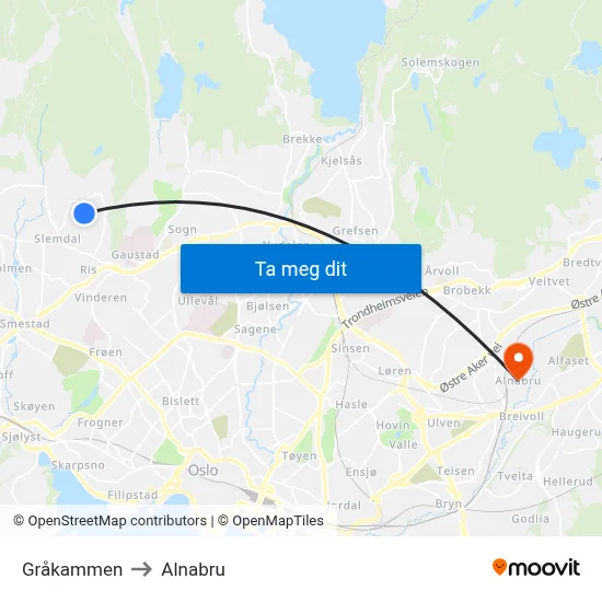 Gråkammen to Alnabru map