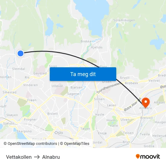 Vettakollen to Alnabru map