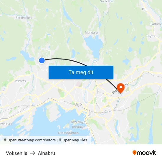 Voksenlia to Alnabru map