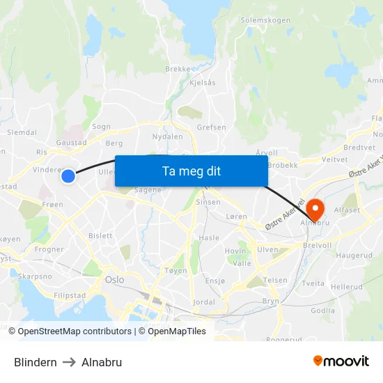 Blindern to Alnabru map
