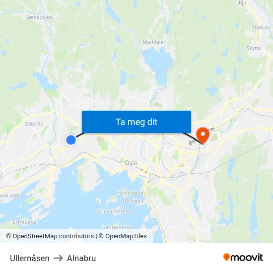 Ullernåsen to Alnabru map