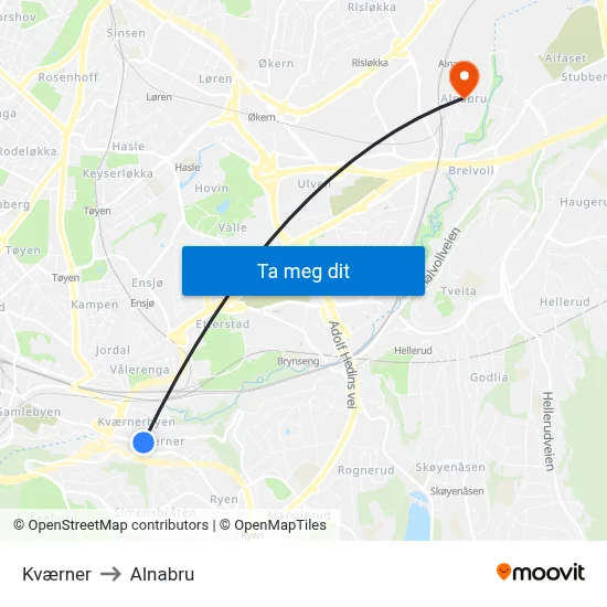 Kværner to Alnabru map