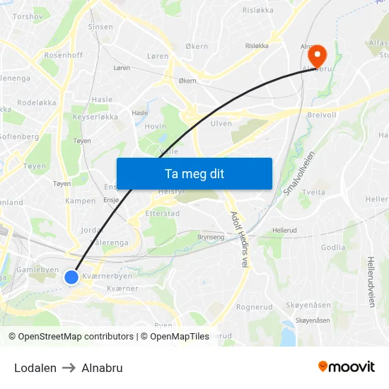 Lodalen to Alnabru map