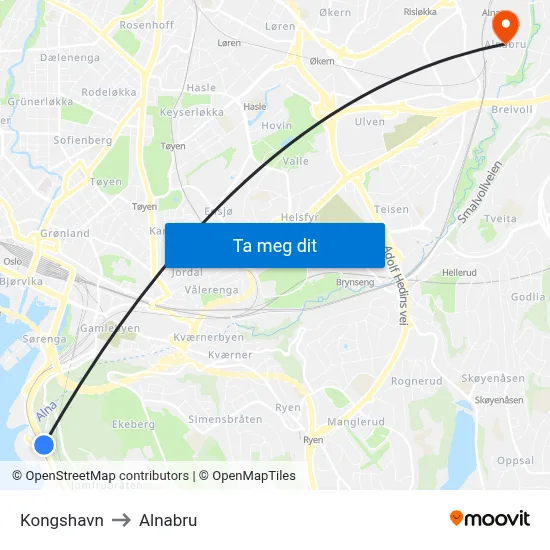 Kongshavn to Alnabru map
