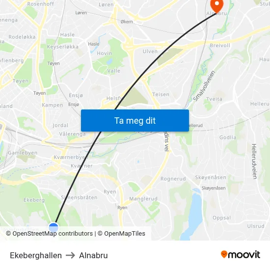 Ekeberghallen to Alnabru map