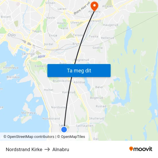 Nordstrand Kirke to Alnabru map